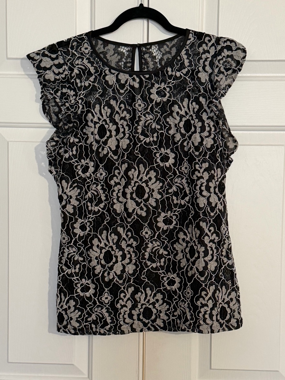 White House Black Market Black Lace Floral Flutter Sleeve Top
